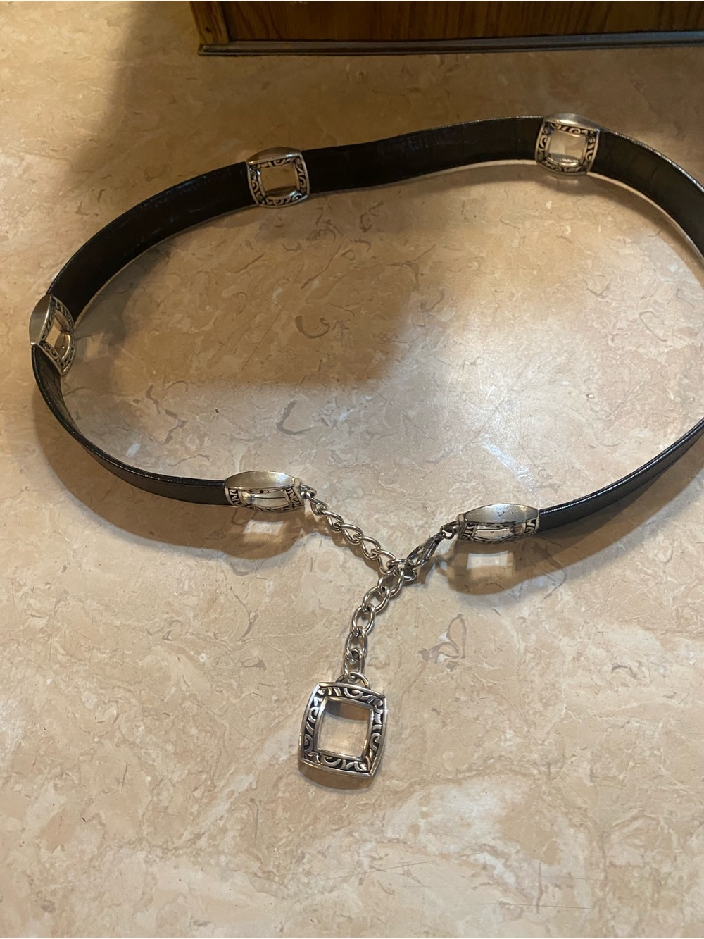 Brighton Brown Leather Belt with Silver Square Links and Chain Charm